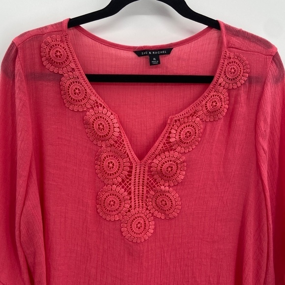 ZAC & RACHEL Pink Crochet Neck Semi Sheer 3/4 Sleeve V-Neck Blouse Size XL - Picture 3 of 6
